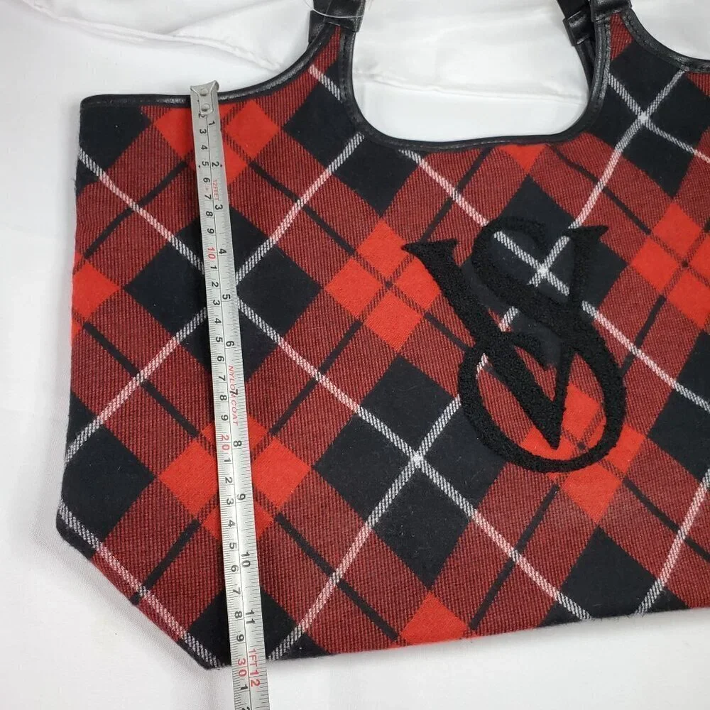 Victorias Secret Red & Black Tartan Plaid Tote Bag VS Logo Hobo 19.5